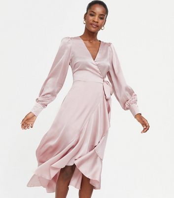 Pink Satin Long Sleeve Wrap Dress | New ...